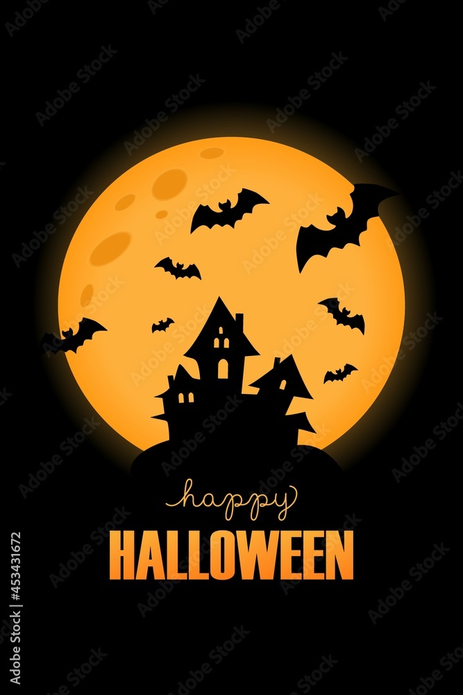 Happy Halloween invitation. Moon, castle and bats on a background