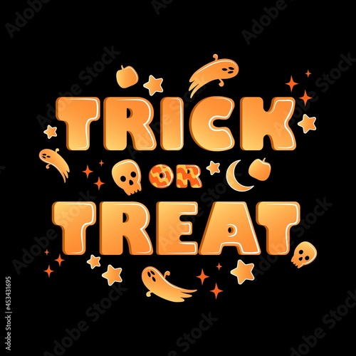 Trick or treat vector lettering for halloween day with skull, stars and ghost on a black background. 