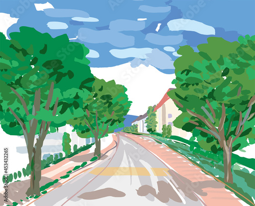 住宅街の道路と街路樹のある風景。
