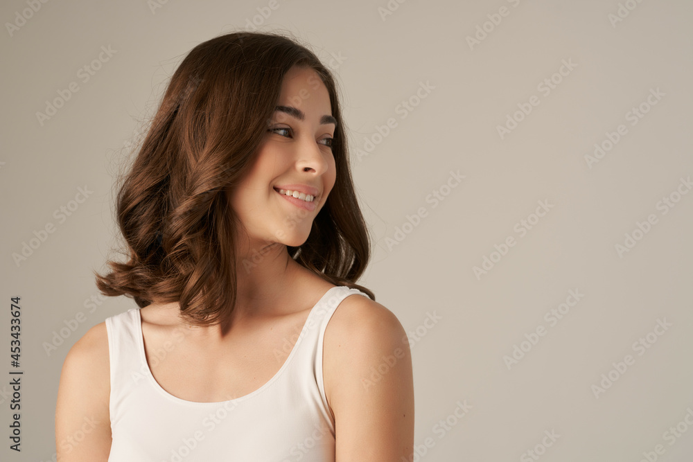 beautiful woman smile emotions clear skin light background