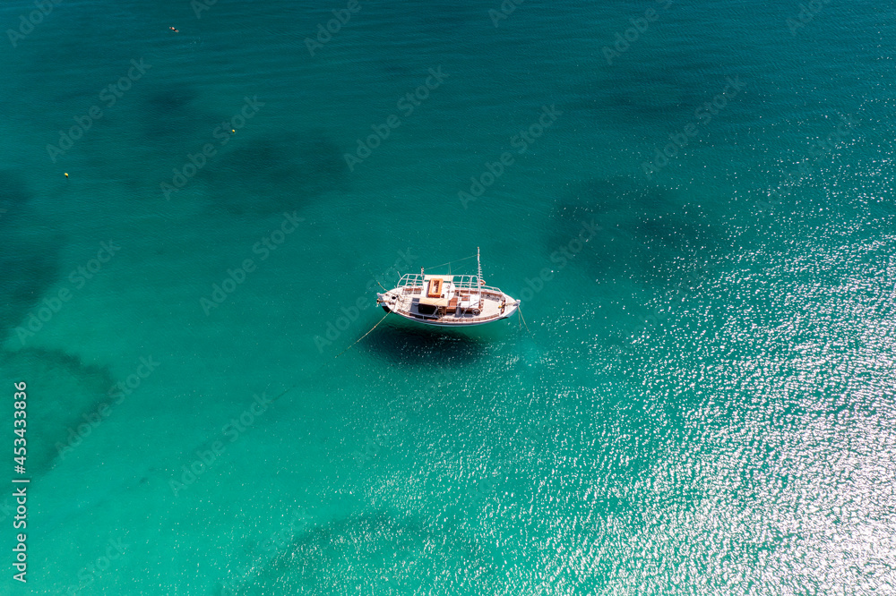 panoramic view of the sea and mountains and ships on turquoise water filmed from a drone panoramic view of the sea and mountains and ships on turquoise water filmed from a drone