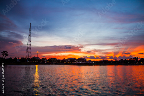 Red sunset vivid over the lake.