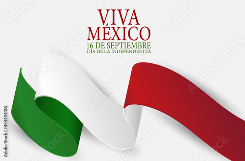 Independence Day. Viva Mexico. 16 September national holiday. Patriotic design concept. Green, white, and red Mexican flag ribbon. Vector illustration.