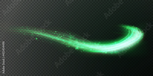 Christmas wind of light green lines and shining lights. Snowy blizzard festive with snowflakes.