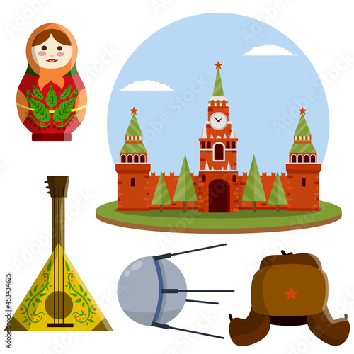 Moscow kremlin. Set symbol-Hat with star, doll matryoshka. Flat cartoon illustration. Tourist trip to red square, Sputnik space satellite, balalaika guitar
