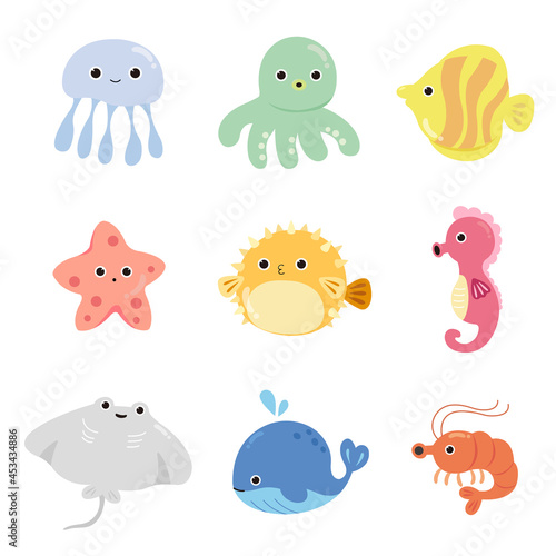 Cute sea animals illustration set Vector