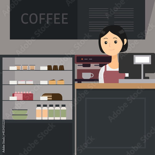 Young Saleswoman in Uniform Standing in a Coffee Shop