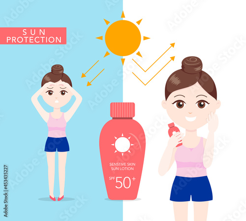Young woman protect and care face from sun light Vector