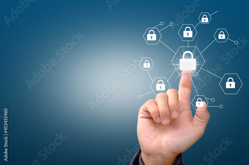Data protection Cyber security Privacy business with hand pointing with internet Technology Concept, Futuristic cyber background with broken lock