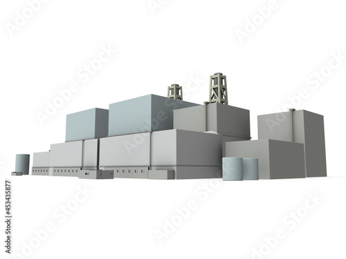 原子力発電所のミニチュアモデル。白バック。3Dレンダリング。