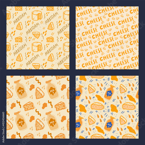 A set of Dairy products patterns. Hand-drawn doodle backgrounds with Cheese, Maasdam, Gouda, Milk. A bundle of vector backgrounds with slices of cheese. Vector illustration