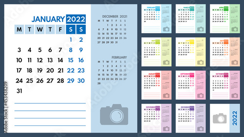 2022 monthly colorful business or personal planner vector template, monday first, two weekends
