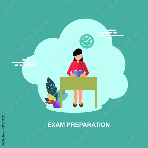 Exam preparation with young beautiful girl reading book flat concept design