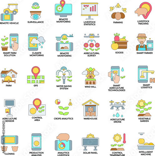 Farming smart color collection flat icon set