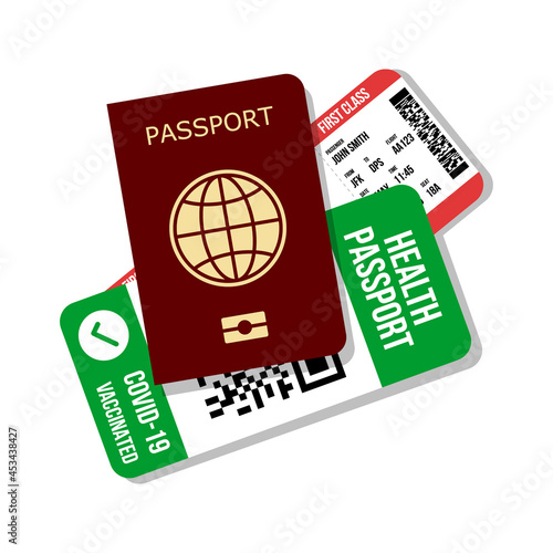 national passport over boarding pass and paper card with covid-19 vaccination confirmation, flat style vector illustration