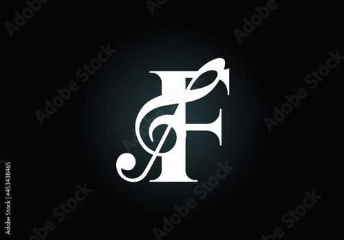 Initial F monogram alphabet with a musical note. Symphony or melody signs. Musical sign symbol. Font emblem. Modern vector logo design template.
