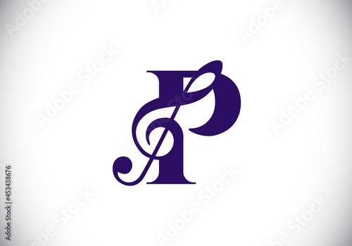 Initial P monogram alphabet with a musical note. Symphony or melody signs. Musical sign symbol. Font emblem. Modern vector logo design template.