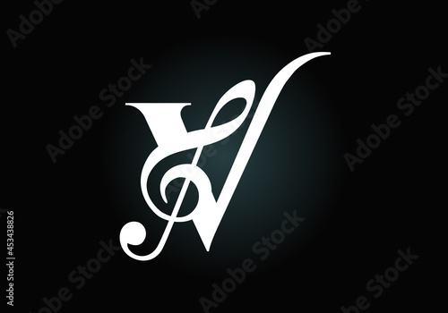 Initial V monogram alphabet with a musical note. Symphony or melody signs. Musical sign symbol. Font emblem. Modern vector logo design template.