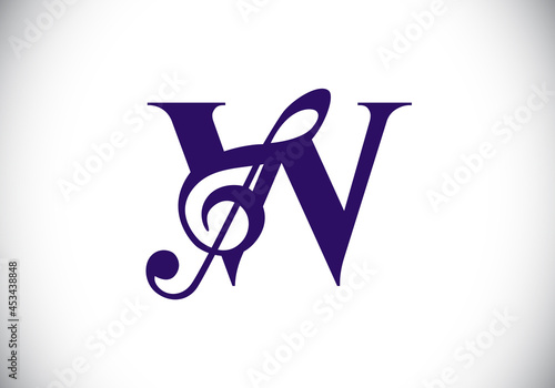 Initial W monogram alphabet with a musical note. Symphony or melody signs. Musical sign symbol. Font emblem. Modern vector logo design template.