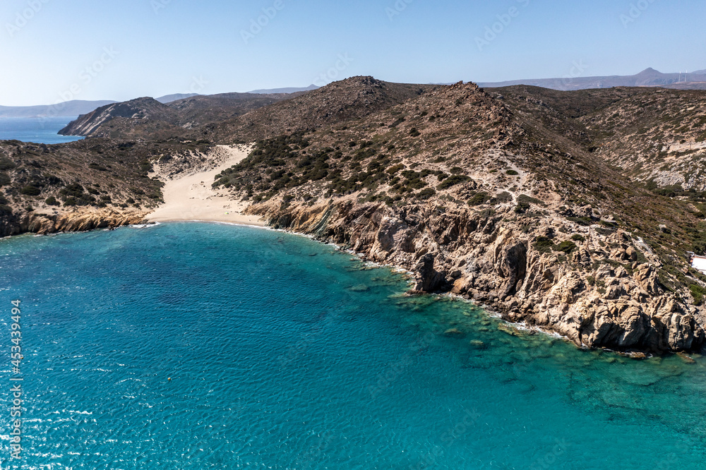 panoramic view of the Greek landscape with mountains and sea of Crete island filmed from a drone 