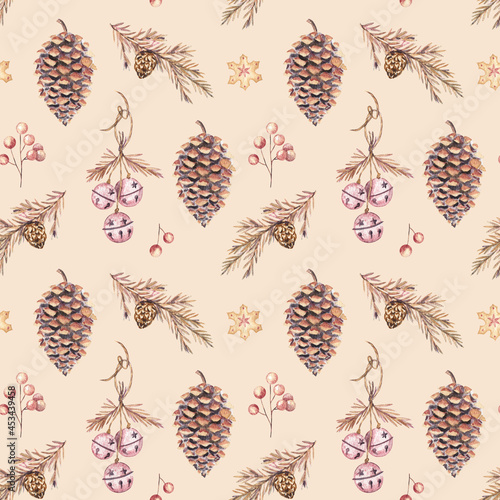 Christmas pattern with the pinecones, small bells, cookies and winter berries on a warm beige background. Cozy vintage seamless design; elements are hand drawn in watercolor. 