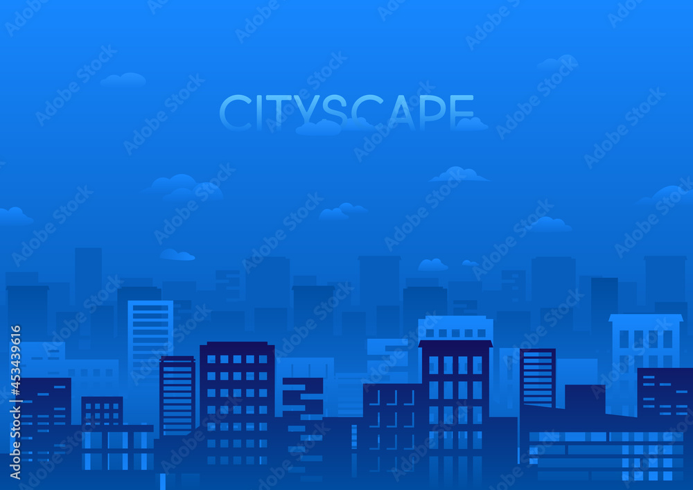 Horizontal urban blue background with sky and silhouettes of buildings. Vector illustration.