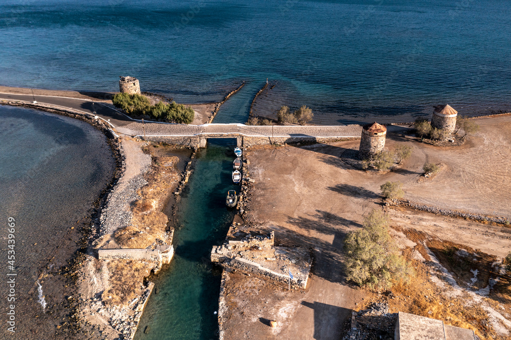 panoramic view of the ancient stone mills in Crete filmed from a drone 