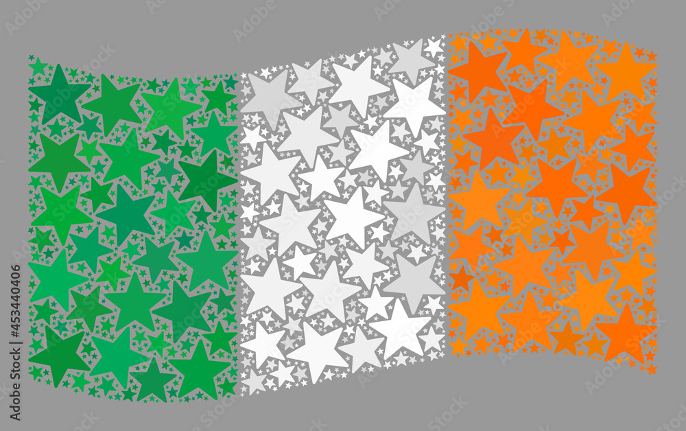 Mosaic waving Ireland flag designed with star icons. Vector starred collage waving Ireland flag designed for holiday projects. Ireland flag collage is designed with scattered stars.