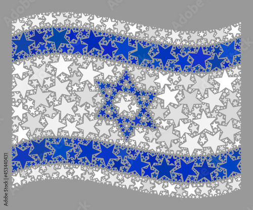 Mosaic waving Israel flag designed with star elements. Vector starred collage waving Israel flag designed for feast advertisement. Israel flag collage is done with random stars. photo