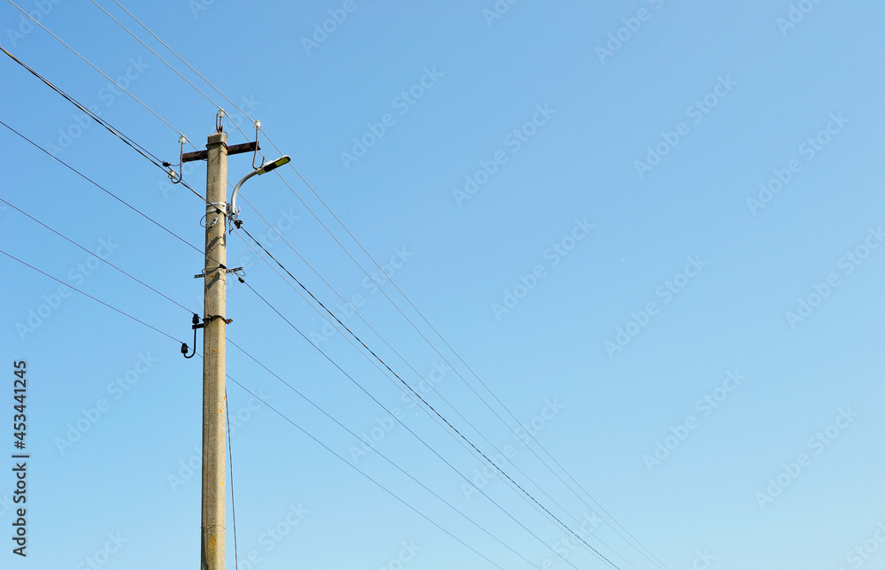 Power electric pole with line wire on colored background close up - obrazy, fototapety, plakaty 