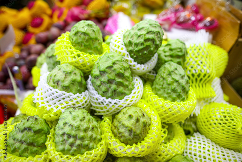 Sugar apple on the counter in the market. Sugar apple on the counter in the market.