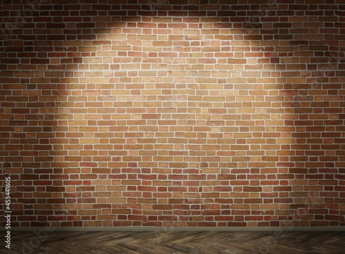 Brick wall with spotlight. Wooden floor. Template for object presentation. Stand-up stage. 3D rendering.