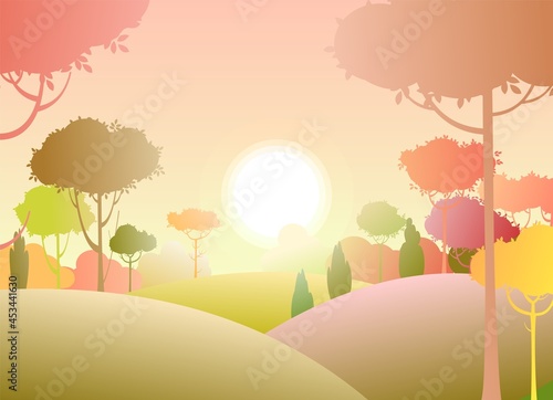 Silhouette autumn landscape. Beautiful scenic plant. Sun. Cartoon style. Hills with grass and trees. Cool romantic pretty. Flat design background illustration. Vector art