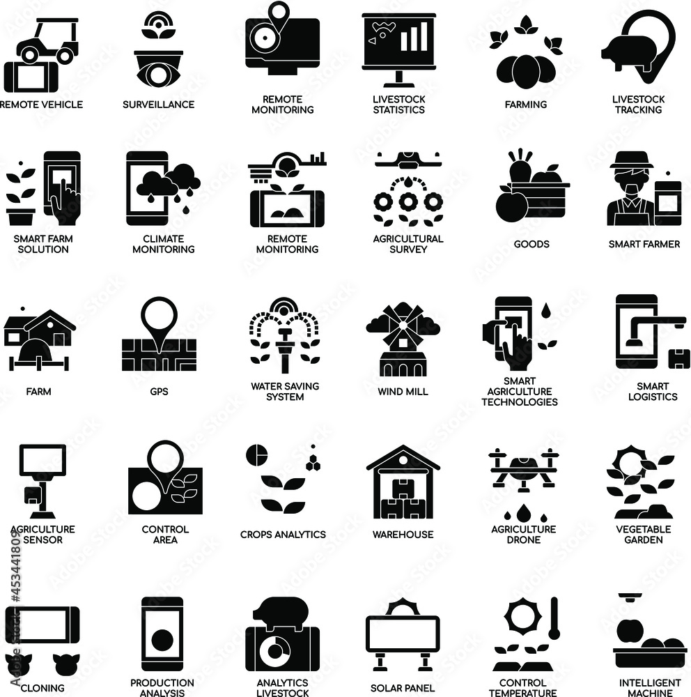 Black and white Farming smart collection flat icon set Black and white Farming smart collection flat icon set
