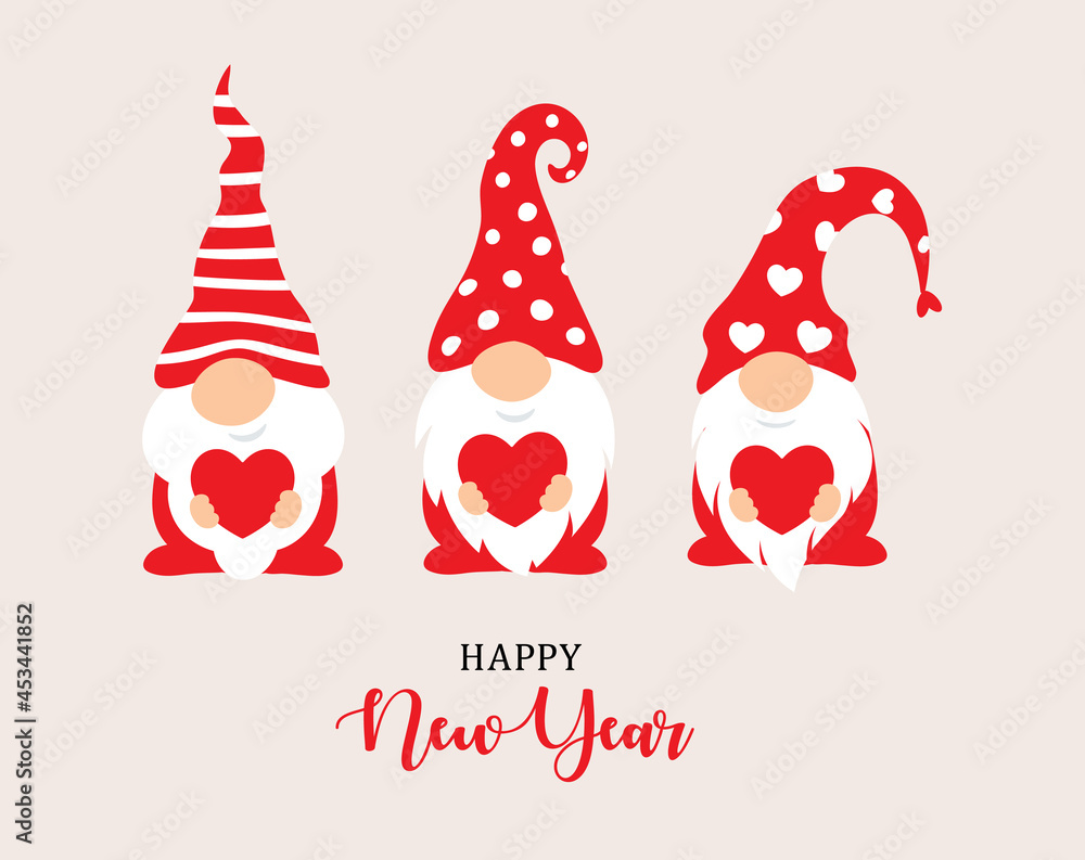 Happy New Year 2022 characters design. Garden gnomes and red heart in hand, christmass characters for decoration of xmas holidays, new year banner, calendar cover, greeting card. Vector illustration Happy New Year 2022 characters design. Garden gnomes and red heart in hand, christmass characters for decoration of xmas holidays, new year banner, calendar cover, greeting card. Vector illustration
