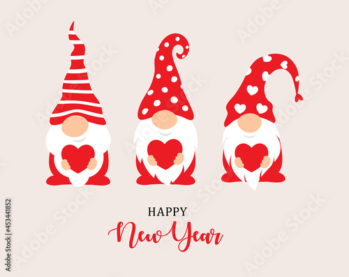Happy New Year 2022 characters design. Garden gnomes and red heart in hand, christmass characters for decoration of xmas holidays, new year banner, calendar cover, greeting card. Vector illustration