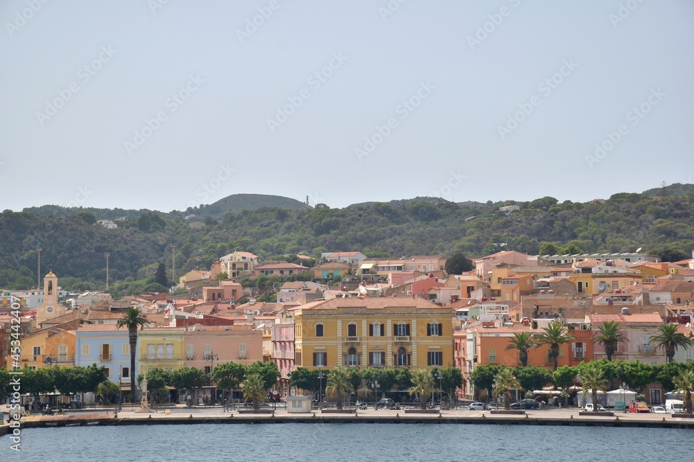 View of the harbor and the old town of Carloforte, San Pietro, Sardinia, Italy