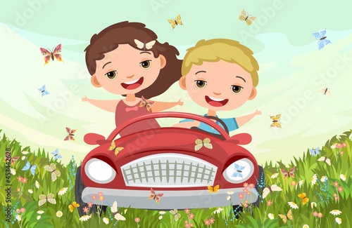 Childrens adventure in small car on flowering meadow. Kid drives pedal or electric toy automobile. Cartoon illustration. Summer rural landscape. Vector