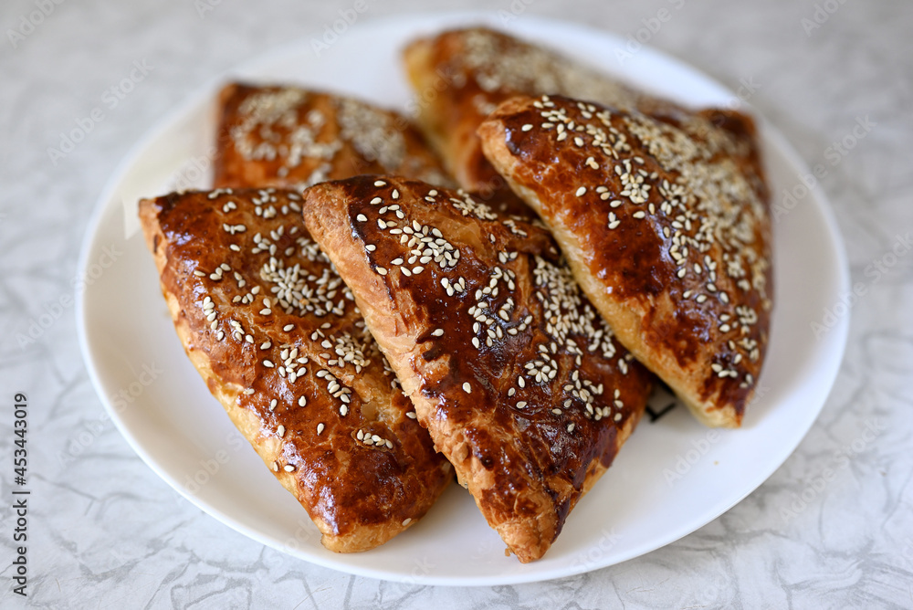 Step by step instructions. Step ten. How to make a puff pastry product with meat at home. Ready-made homemade puff pastry sprinkled with sesame seeds with meat filling on a plate. Step by step instructions. Step ten. How to make a puff pastry product with meat at home. Ready-made homemade puff pastry sprinkled with sesame seeds with meat filling on a plate.