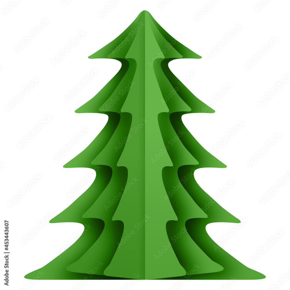 Green Christmas tree on a white background. New Years tree with heralds, striped christmas pine. Design elements for holiday cards. 3d illustration Green Christmas tree on a white background. New Years tree with heralds, striped christmas pine. Design elements for holiday cards. 3d illustration