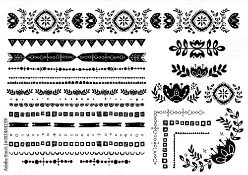 レトロポップ　線のベクター素材セット　花柄　チロリアンテープ　チューリップ　北欧　欧風