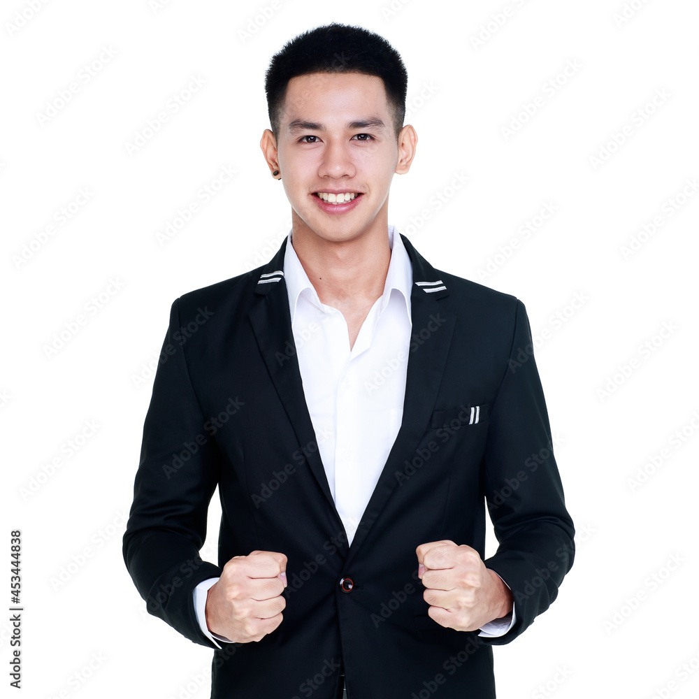 attractive cutout portrait of young healthy handsome man on white t-shirt and black suit standing with clenched fists as having high confident to win and success expectation on business