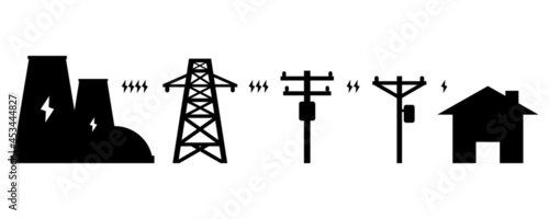 Power plant generates electricity to transmit electricity to electric poles and home or house on white background icon flat vector.