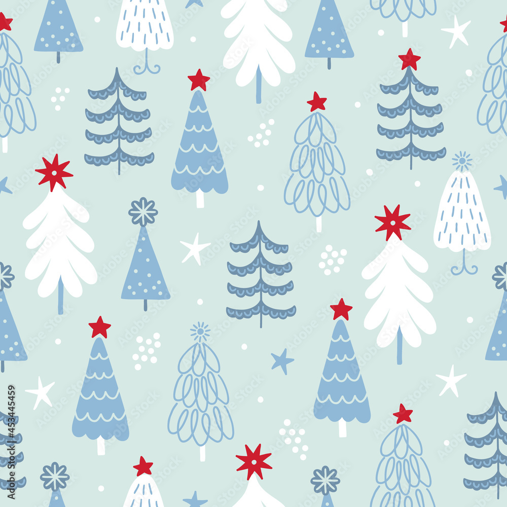 Christmas seamless pattern with fir trees, stars, snowflakes. Scandinavian style Christmas seamless pattern with fir trees, stars, snowflakes. Scandinavian style
