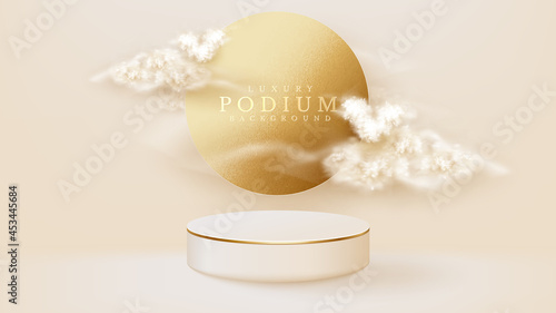 White display podium with circle and cloud element on back scene, Realistic luxury background concept, Empty space for placing text and products for promotion. 3d vector illustration.