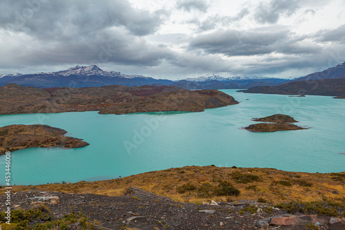 lake and mountains; aerial view of Lago Pehoe in Torres del Paine National Park, Chile