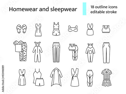 Comfortable domestic clothes outline icons set. Homewear and sleepwear. Editable stroke. Isolated vector illustration