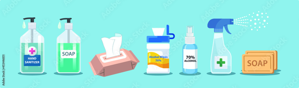 Various disinfectants, alcohol, alcohol spray, wipes, soap, hand sanitizer set vector illustration. - obrazy, fototapety, plakaty 