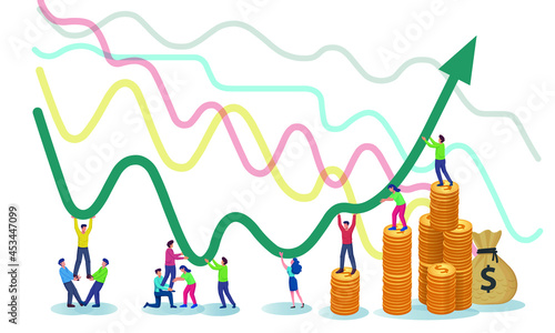 People struggle hold chart to going up metaphor of business survive and loss vector illustration.