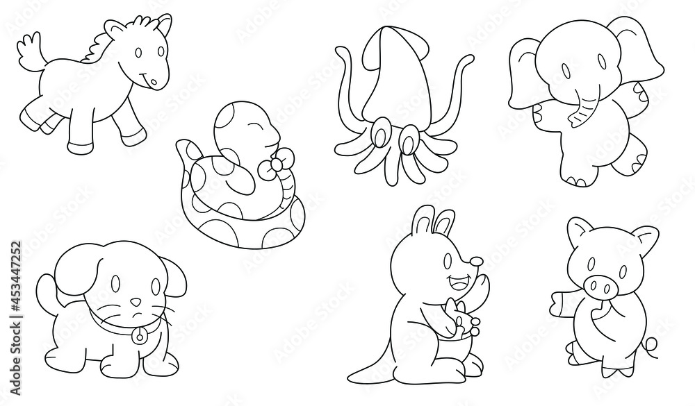 Cute design animal outline vector set 31 (horse snake dog kangaroo squid pig elephant)